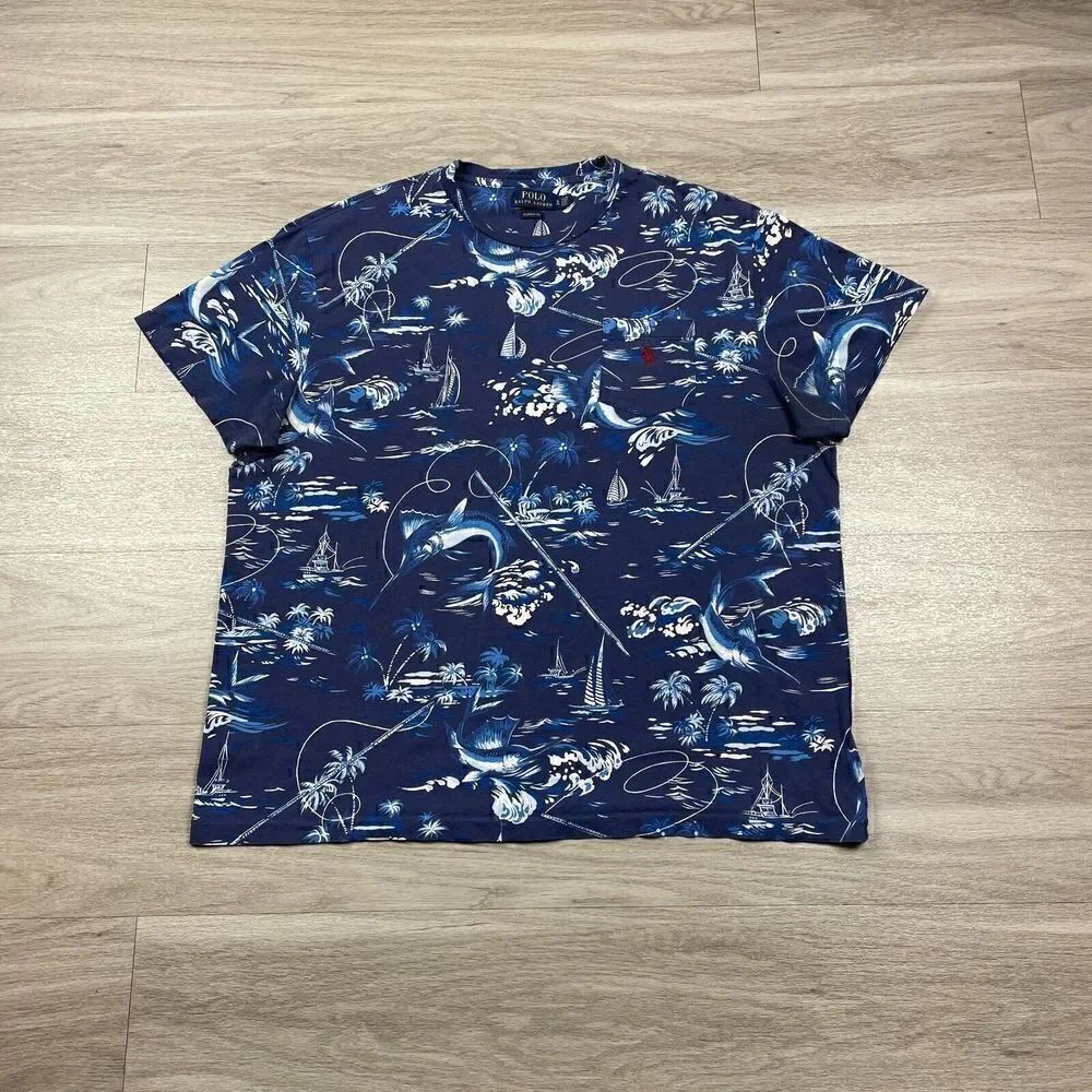 Polo Ralph Lauren Shirt Mens Extra Large Blue Pocket Fishing AOP